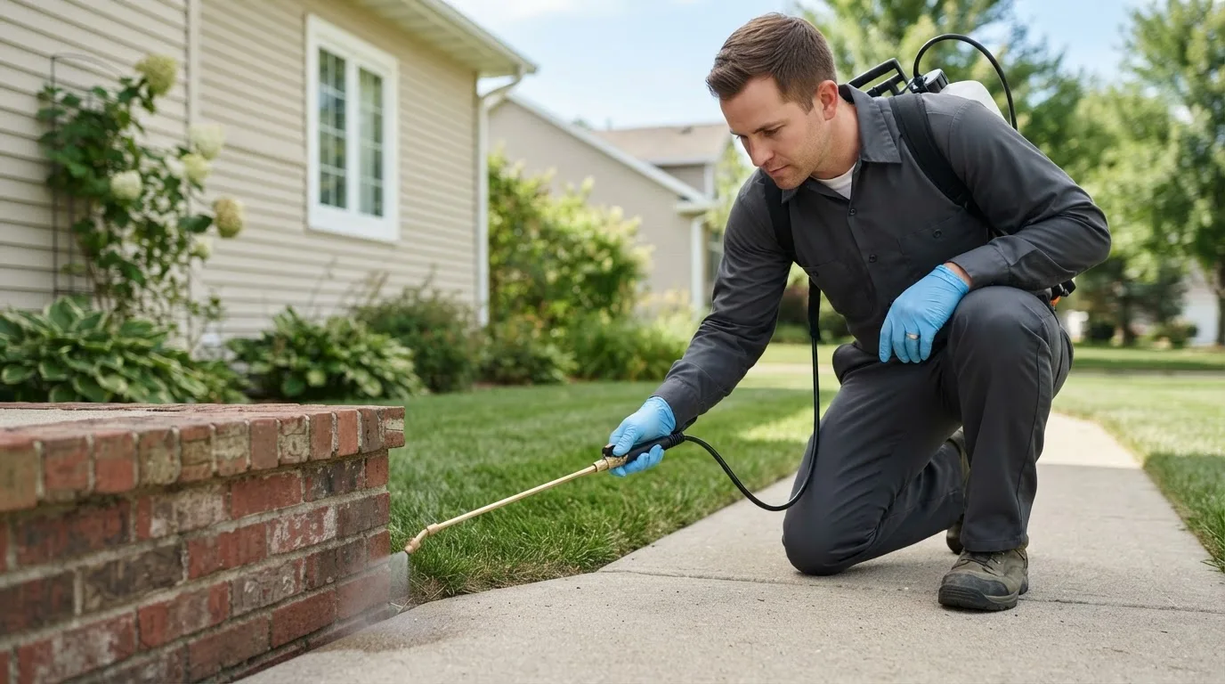 Pest control technician treating a home near Plymouth, ME