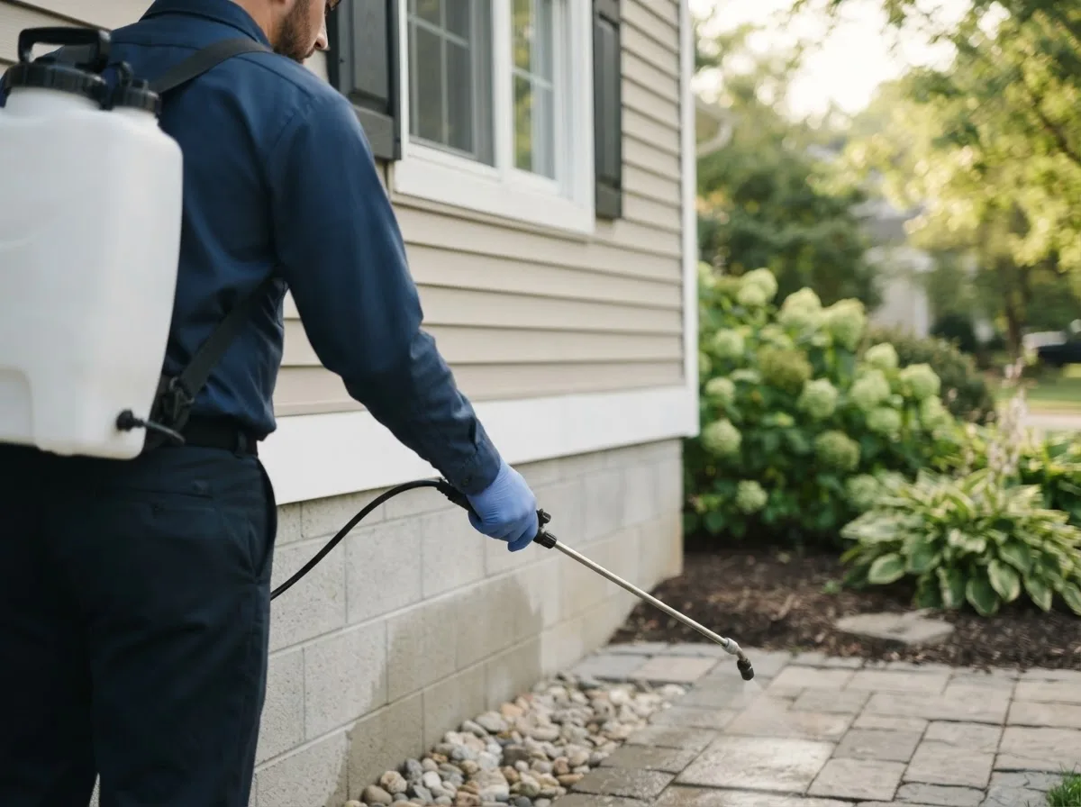 Pest control technician inspecting a home in Plymouth, ME